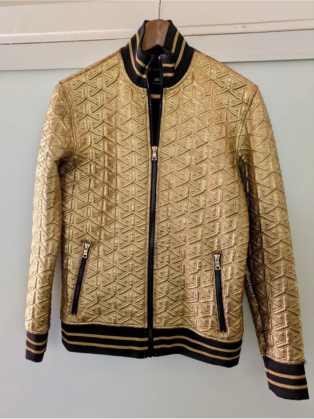INC International Concepts Gold Quilted Bomber Zip Jacket with Black Trim